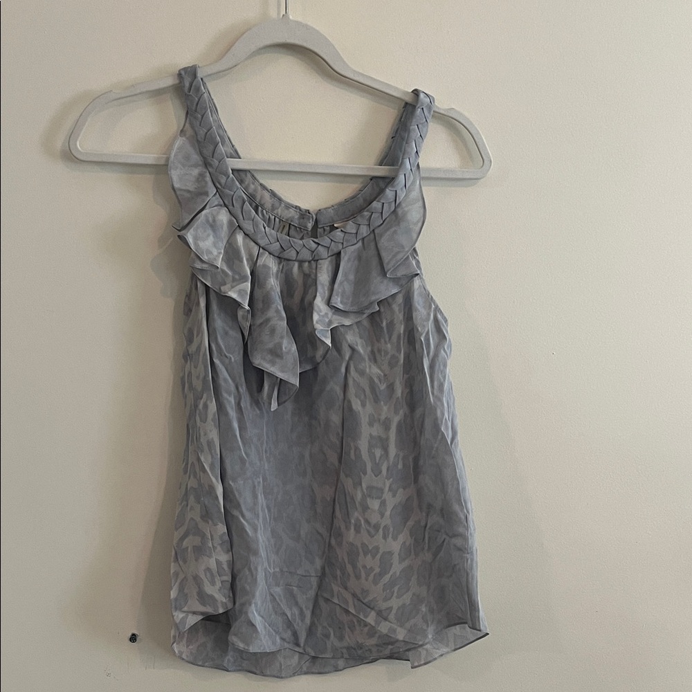 Rebecca Taylor Silk Top Ruffle Animal‎ Print Gray 2010s Blue Cheetah Boho
